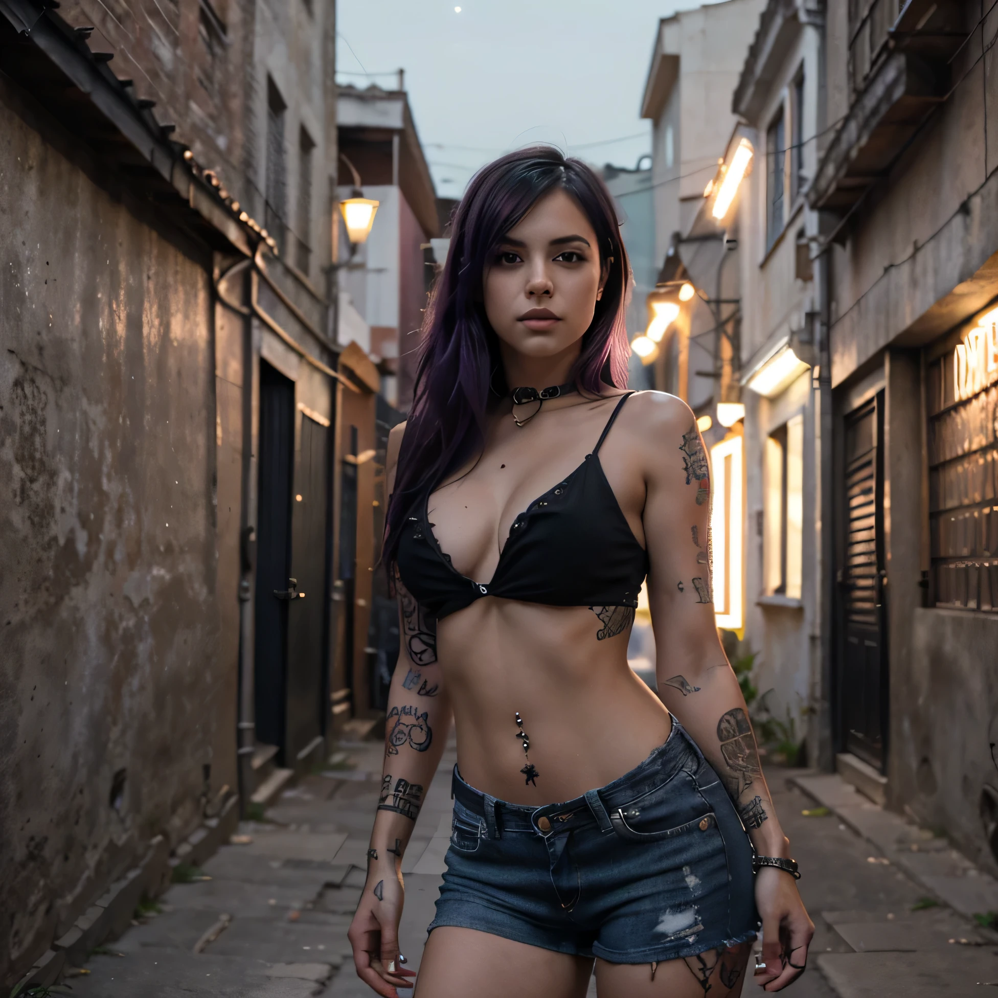 Estilo realista, mujer hermosa joven punk, cabello largo violeta, top corto de Misfits, tatuajes en los brazos, pulsera con tachas, short corto jean negro, cancanes red, borcegos negros, the background is an alley at night, cuerpo completo, HD, detallado