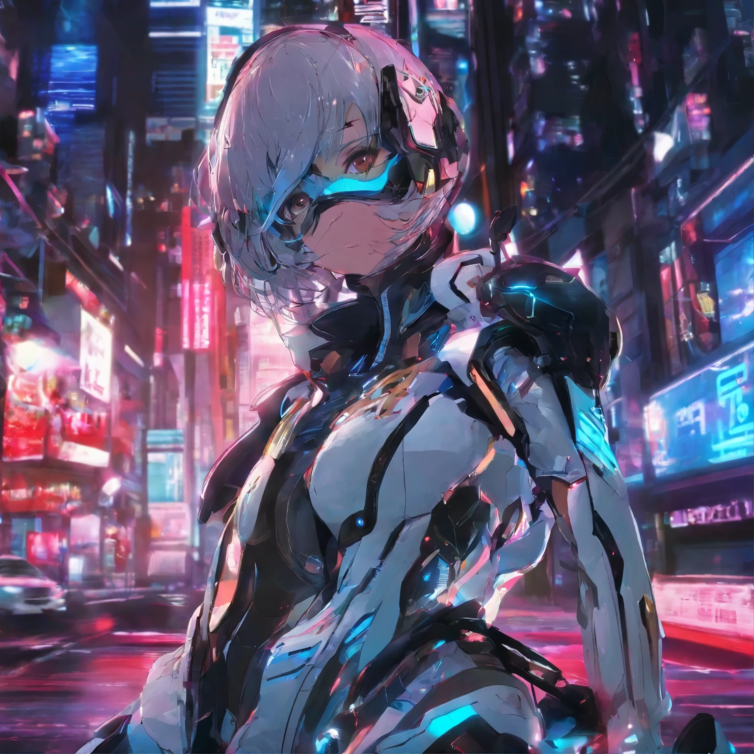 photo, high quality, (close-up shot of 1girl), to8contrast style,mechanical arms, cyborg, slime colored skin, liquid slime skin, arms up, face mask, slime girl, red eyes,(((alone in the darkness, night tokyo background, unlit, hard shadows, deep contrast))), pantyhose, blue lights, modelshoot style, small breasts,(extremely detailed CG unity 8k wallpaper), full body, most beautiful artwork in the world, trending on ArtStation, trending on CGSociety, Intricate, High Detail, Sharp focus, dramatic, night starry sky, photorealistic painting art.