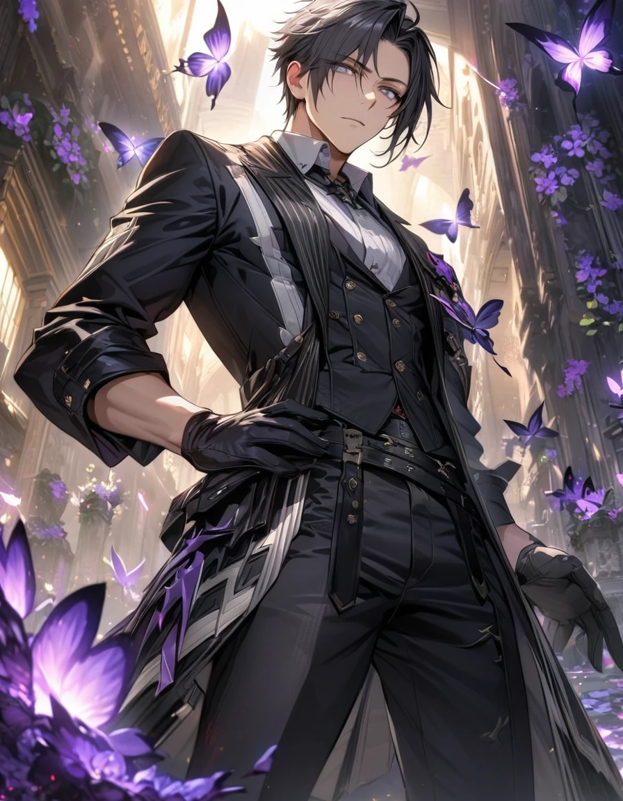 (absurdres, highres, ultra detailed, HDR), master piece, best quality, vibrant small grey eyes, 1man, handsome, Hugo Pennywort, God Eater 3, black hair with grey highlights, no bangs, black clothes, black pants, black gloves, purple butterflies, purple flames