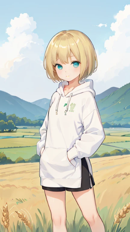 high quality、Describe in detail、high quality、４K、Final Fantasy 11 world、Ronfort、Irish Dance、irish music、irish costume、country girl、idyllic scenery、Steppe zone、blonde、blonde、hairstyle short mash、turquoise eyes、one girl、short mash hair、wheat farm、wheat field、blonde、hairstyle short mash、turquoise eyes、one girl、short mash hair、plain white hoodie、black sneakers、I&#39;m not wearing socks、black shorts