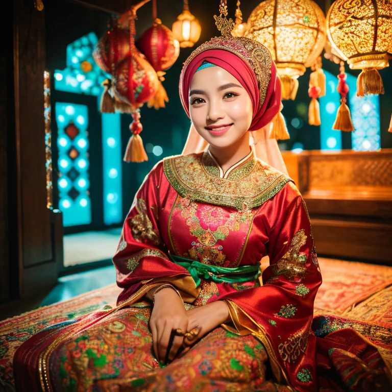 (best quality, high-res, ultra-detailed:1.2), (cinematic portrait), (HDR, vibrant colors: 1.1), (beautiful couple), (Asian heritage), (traditional Muslim attire), (warm family atmosphere), (comfortable sitting positions), (Asian facial features), (expressions of joy and gratitude), (closed mouth, content smiles), (thin lips, thin eyes, thin eyebrows, thin nose), (hijabs, traditional clothing), (intricate details on clothing), (neon lights: 0.8), (stunning studio background), (decorative Ramadan-themed ornaments), (glowing "Selamat Idul Fitri" signage), (soft and warm lighting), (symbolic holiday celebration),