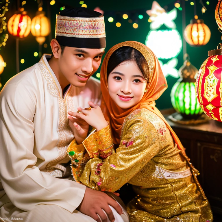 (best quality, high-res, ultra-detailed:1.2), (cinematic portrait), (HDR, vibrant colors: 1.1), (beautiful couple), (Asian heritage), (traditional Muslim attire), (warm family atmosphere), (comfortable sitting positions), (Asian facial features), (expressions of joy and gratitude), (closed mouth, content smiles), (thin lips, thin eyes, thin eyebrows, thin nose), (hijabs, traditional clothing), (intricate details on clothing), (neon lights: 0.8), (stunning studio background), (decorative Ramadan-themed ornaments), (glowing "Selamat Idul Fitri" signage), (soft and warm lighting), (symbolic holiday celebration),