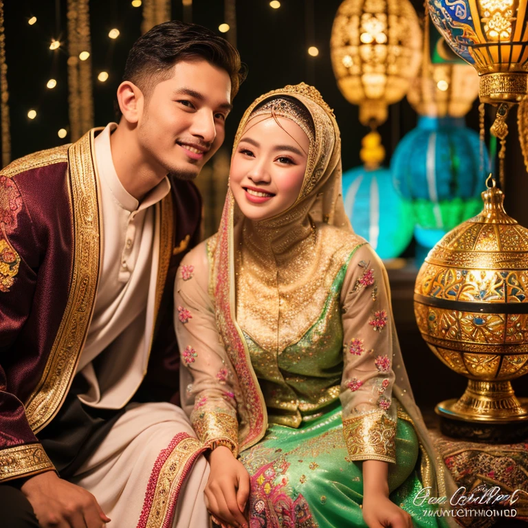 (best quality, high-res, ultra-detailed:1.2), (cinematic portrait), (HDR, vibrant colors: 1.1), (beautiful couple), (Asian heritage), (traditional Muslim attire), (warm family atmosphere), (comfortable sitting positions), (Asian facial features), (expressions of joy and gratitude), (closed mouth, content smiles), (thin lips, thin eyes, thin eyebrows, thin nose), (hijabs, traditional clothing), (intricate details on clothing), (neon lights: 0.8), (stunning studio background), (decorative Ramadan-themed ornaments), (glowing "Selamat Idul Fitri" signage), (soft and warm lighting), (symbolic holiday celebration),