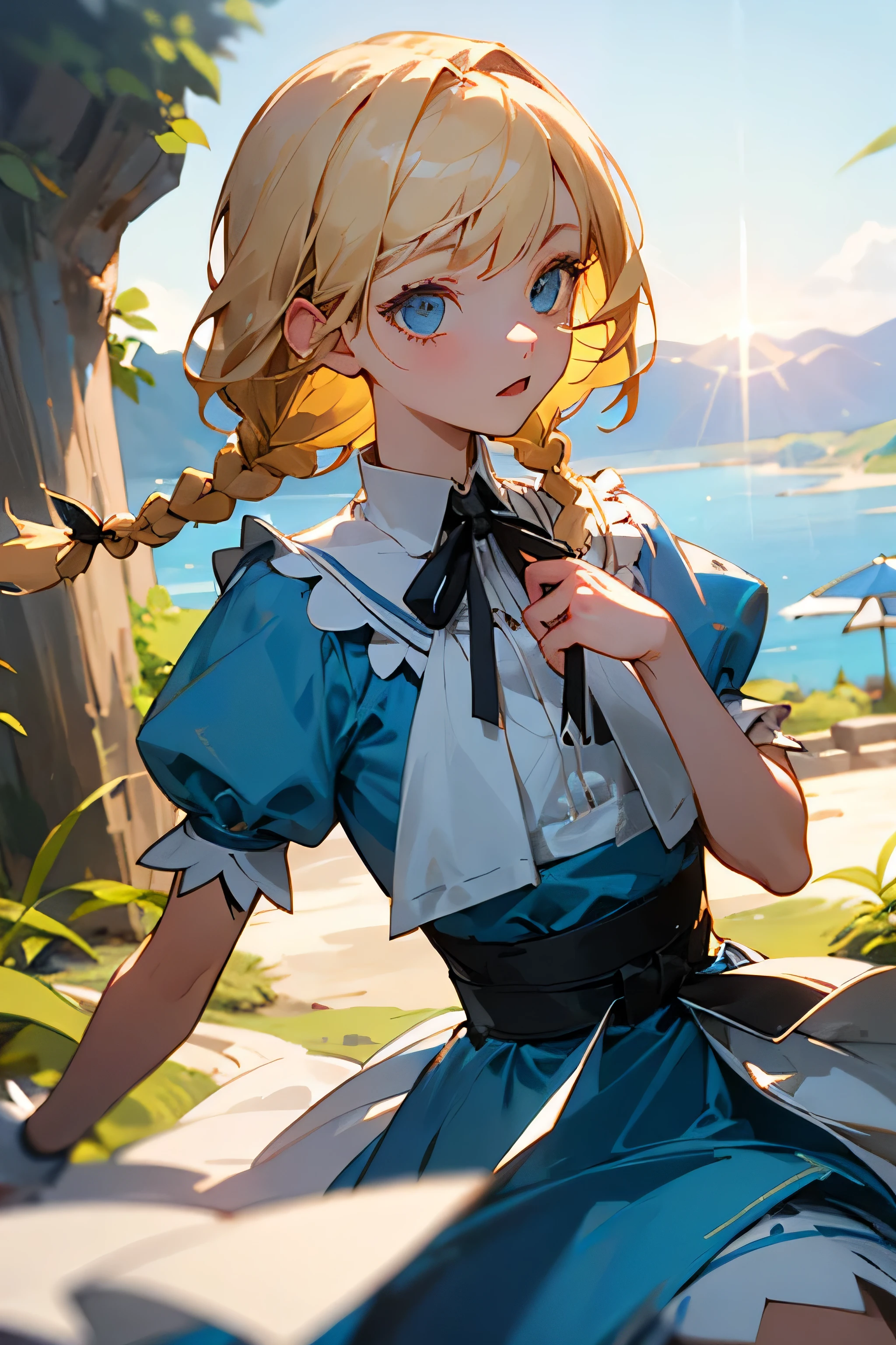 best quality, masterpiece,ultra high res,detailed,one girl,slim body,short body,two braids.round face,blonde hair,round eyes,light blue eyes,Clothes like Alice from Alice in Wonderland,Black ribbon at neck,oasis,magnificent view,lens flare,natural lighting