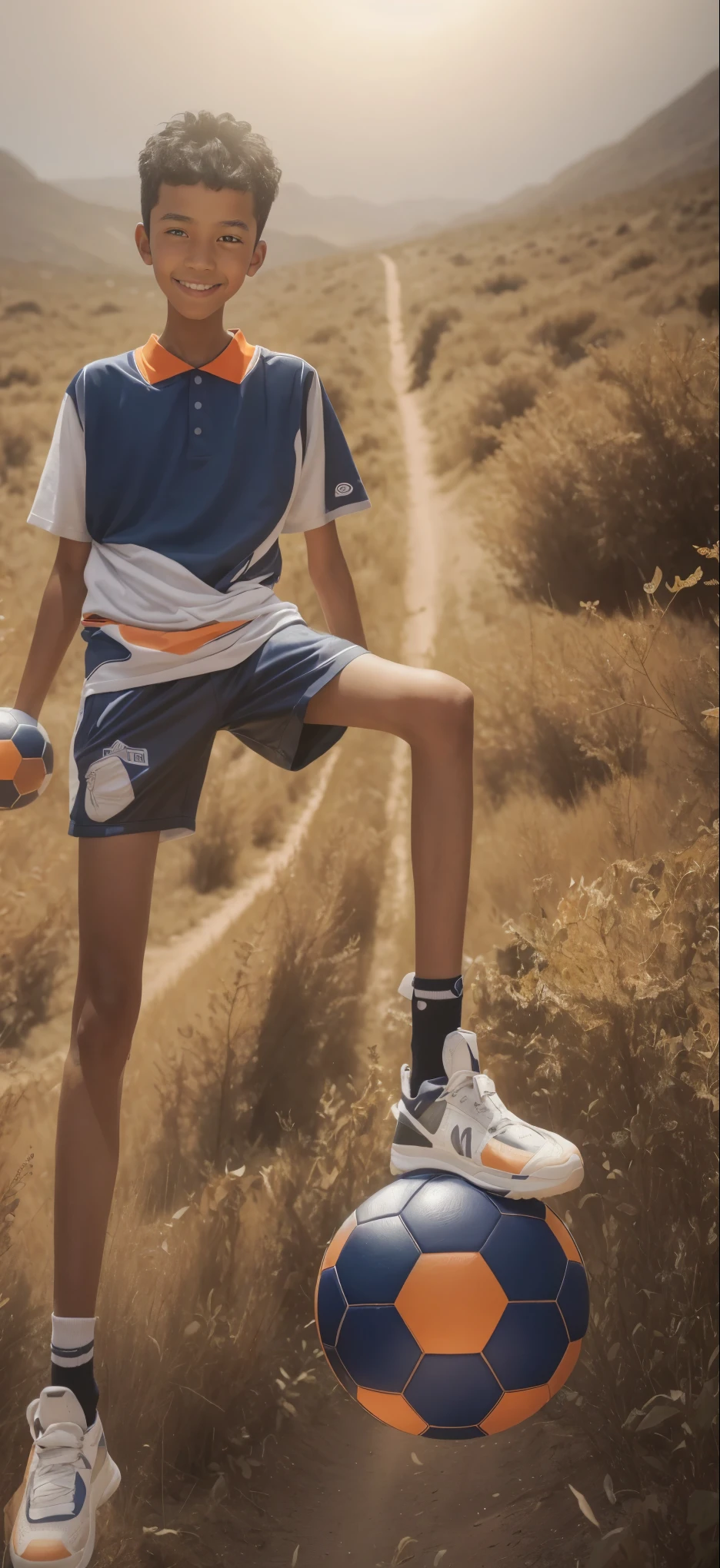 15 year old boy，，melon seed shaped face，（white shorts，orange t-shirt）dark blue socks，，Big round eyes，very short hair，Highest skin texture，Tall and skinny，Highest quality，，toothy smile，Bright colors，Pictures with high saturation，juvenile，Depth of field stereoscopic，dark zone，aurora，Star，universe，galaxy，no sun