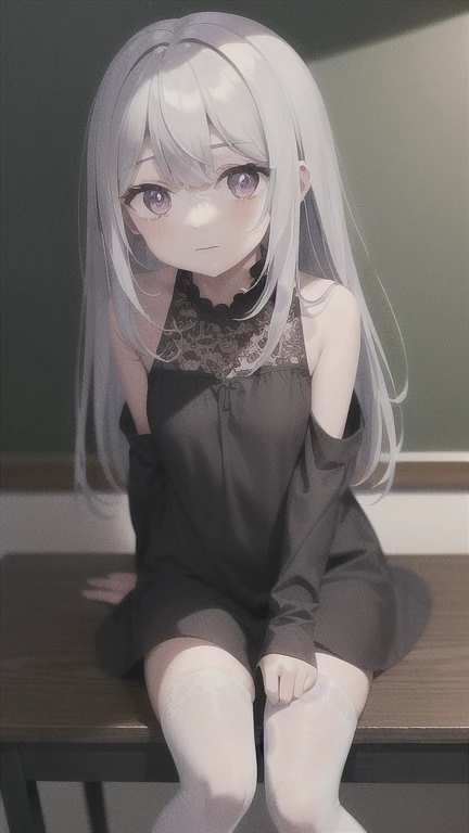 ((masterpiece, best quality))++, Detail lights+,  detail hair+, Detail hand+ ,1 girl, Honey, （long gray hair）++,   dark pink eyes,  beautiful eyes, Young gray hair,,(beautiful white hair:1.5),(beautiful eyes),    high resolution+,   black stockings  ， a white pajamas, Glass tones, Reflective eyeanyery detail wallpaper, The original, ,scassue card ，Nature，White rose