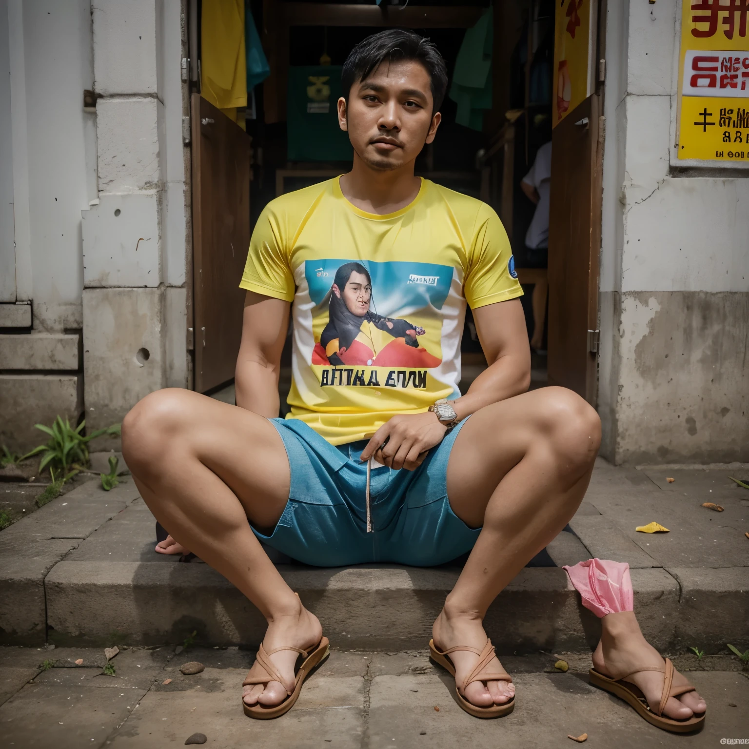 seorang laki laki asia ganteng, memakai kaos bertulisan "AYOO GODIN", celana kolor dan sandal jepit, sedang berjalan di pinggir jalan, membawa bungkusan plastik warteg,