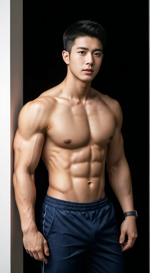 Two male lovers in their 20s took a photo together...., Wear a navy shirt......................, High resolution, masterpiece, best quality, head:1.3,((Hasselblad photos)), delicate skin, Full chest muscles，abdominal muscles，topless，Ultra-thin tight baseball pants，very handsome，Clear focus, (Cinema lighting), night, soft light, Dynamic angle, [:(Detailed face:1.2):0.2],(((exercise))), kinetic, Arm muscles are big........., hands on hips.
