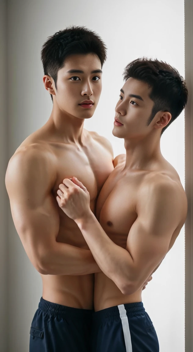Two male lovers in their 20s took a photo together...., Wear a navy shirt......................, High resolution, masterpiece, best quality, head:1.3,((Hasselblad photos)), delicate skin, Full chest muscles，abdominal muscles，topless，Ultra-thin tight baseball pants，very handsome，Clear focus, (Cinema lighting), night, soft light, Dynamic angle, [:(Detailed face:1.2):0.2],(((exercise))), kinetic, Arm muscles are big........., hands on hips.