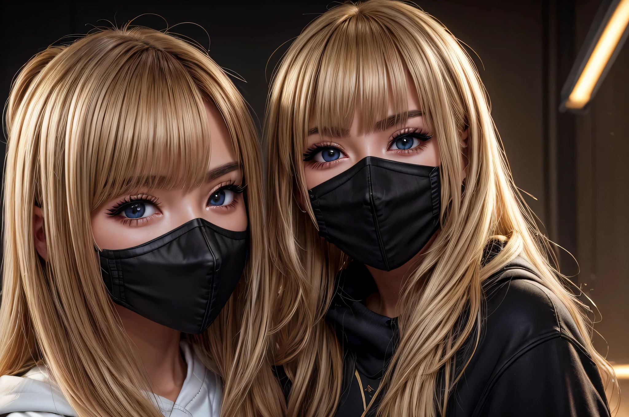 ((mouth black mask))、Highest image quality、8K Masterpiece、ultra high resolution、(Photorealsitic:1.3)、Raw photo、golden hair、glowing skin、medium hair、blonde、hoodie、long hair、Portrait、global illumination、shadow、octane rendering、8K、ultra sharp、very intricate details、realistic light、CG Society Trend、beautiful eyes、shining eyes、facing the camera、neon details、1 boy、beautiful woman's face、evil woman、evil smile、dark、red eyes