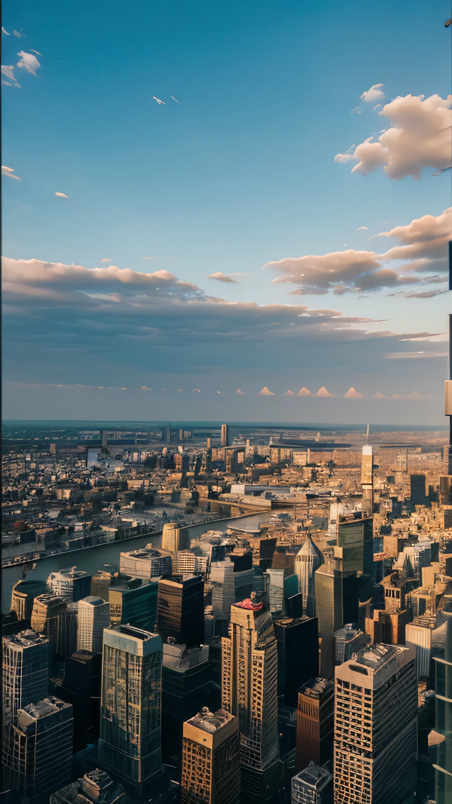 The city is hot and sultry with many people passing by. The view from above has the sky