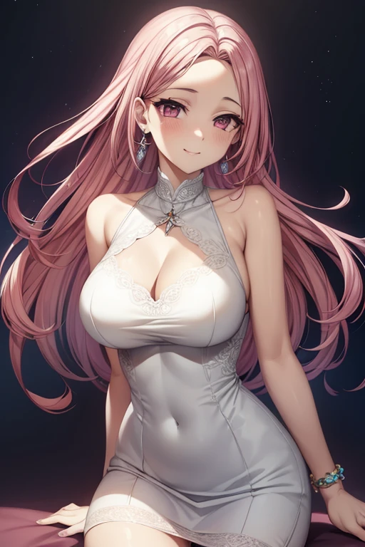 ((A beautiful, light yellow tight dress)), Lace that covers the chest,the most beautiful woman in the world,best style,half up hair,pink hair,pink eyes,(shy smile),big breasts,(luxury cabaret),makeup,Forehead exposed,bracelet,earrings,look up