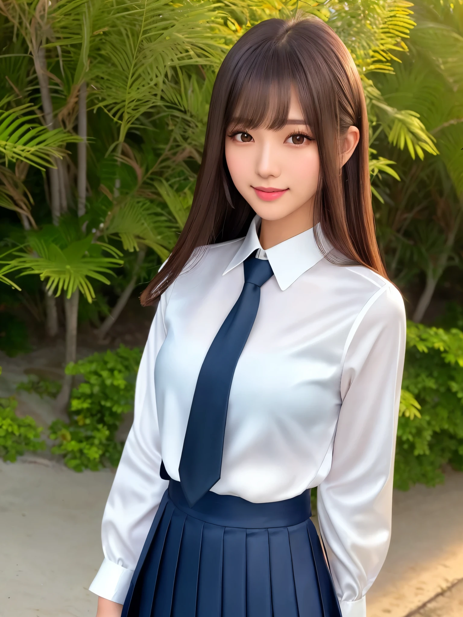 product quality, 1girl, upper body shot, front view, a Japanese young pretty girl, long bob hair, standing with a big smile in a seaside park in the midnight, glamorous figure, wearing a white collared shiny satin shirt of long sleeves, shiny satin dark blue plain long tie, dark blue pleated long skirt, school bag over her shoulder, hyper cute face, glossy lips, double eyelids in both eyes, natural makeup, long eyelashes, shiny smooth light brown long bob hair, asymmetrical bangs, a tanned skin, central image, high resolution, high detail, detailed hairstyle, detailed face, spectacular cinematic lighting, octane rendering, vibrant, hyper realistic, perfect limbs, perfect anatomy