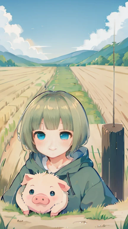 high quality、high resolution、Describe people in detail、Final Fantasy 11 world、Ronfort、Irish Dance、irish music、irish costume、country girl、idyllic scenery、Steppe zone、一面のwheat field、wheat farmer、wheat field、blonde、blonde、hairstyle short mash、turquoise eyes、one girl、short mash hair、pig farm、pig farmの風景