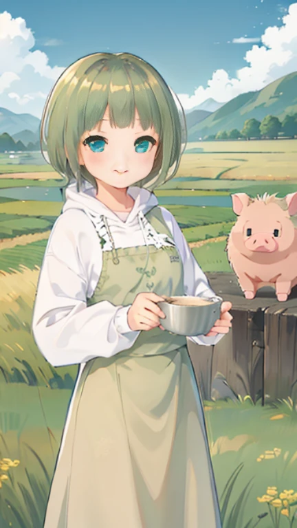 high quality、high resolution、Describe people in detail、Final Fantasy 11 world、Ronfort、Irish Dance、irish music、irish costume、country girl、idyllic scenery、Steppe zone、一面のwheat field、wheat farmer、wheat field、blonde、blonde、hairstyle short mash、turquoise eyes、one girl、short mash hair、pig farm、pig farmの風景