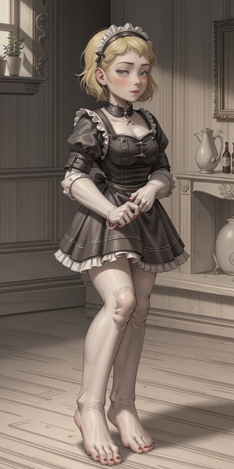 1mother with daughter showing her asses,barefeet, cute, ((Short black hair girl and long blonde hair girl)), maid victorian, maid apron, straight face, dazed, Body position: Standing, straight, symmetrical, barefoot, Lustful smile on face with red blush