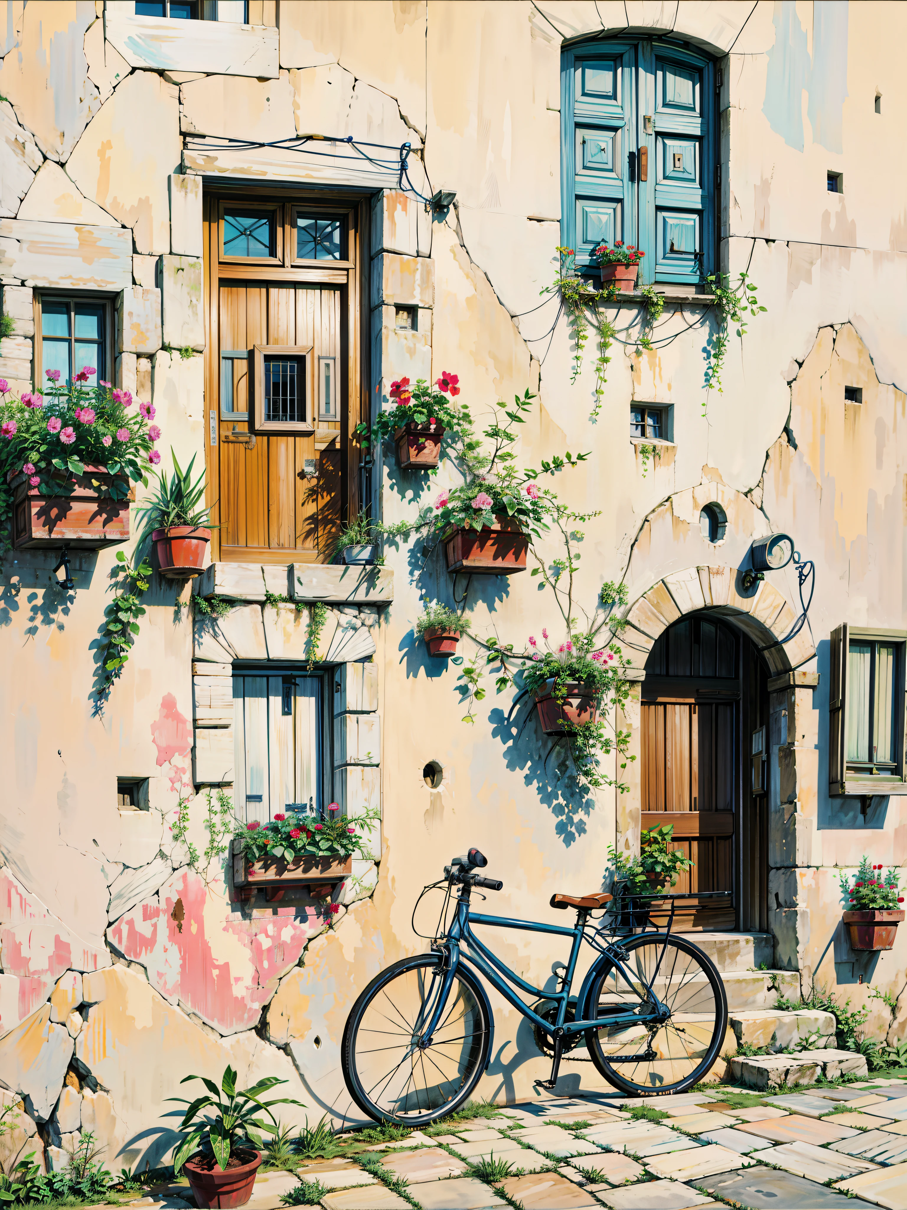 Painting of a bicycle is parked in front of a building, mediterranean architecture, apulia, ancient mediterranean village, narrow and winding cozy streets, italian mediterranean city, quaint, fantasy italy, italy, quaint village, ancient mediterranean city, old city, narrow streets, narrow street, mediterranean city, whitewashed buildings, french village exterior, greek architecture, french village interior, a quaint, 4k hd,, beautiful art uhd 4 k, a beautiful artwork illustration, beautiful digital painting, highly detailed digital painting, beautiful digital artwork, detailed painting 4 k, very detailed digital painting, rich picturesque colors, gorgeous digital painting