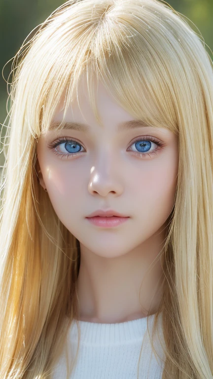 (muste piece:1.3), (8K, It's photorealistic, Raw photo, 16 year old very cute blonde girl、best quality: 1.4), (1 girl), pretty face, (realistic face), (golden hair, Super long hair:1.3), Nice hairstyle,bangs between eyes、bangs over eyes、hair is soft,compact profile,length to mouth,realistic eyes,nice detail eyes,(realistic skin),Very beautiful, shining, extremely bright white light blue big eyes、very big eyes、beautiful skin,(sweater),nonsense,Charm,ultra high resolution,Ultra Photorealistic Sim,very detailed,golden ratio,bust photo、small face beauty、round face、Glossy skin、cheek highlights
