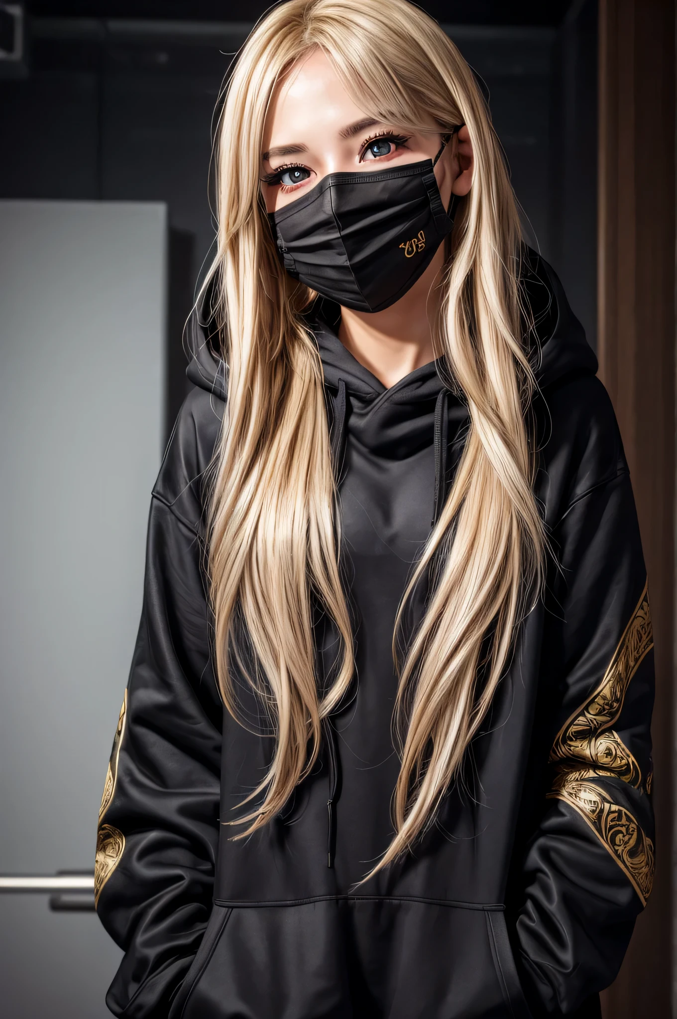 ((mouth black mask))、Highest image quality、8K Masterpiece、ultra high resolution、(Photorealsitic:1.3)、Raw photo、golden hair、glowing skin、medium hair、blonde、hoodie、long hair、Portrait、global illumination、shadow、octane rendering、8K、ultra sharp、very intricate details、realistic light、CG Society Trend、beautiful eyes、shining eyes、facing the camera、neon details、1 boy、beautiful woman's face、evil woman、evil smile、dark、red eyes