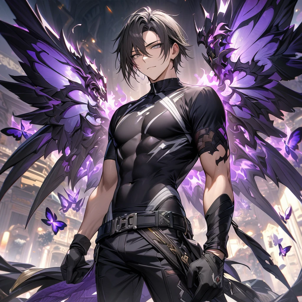 (absurdres, highres, ultra detailed, HDR), master piece, best quality, vibrant small grey eyes, 1man, handsome, Hugo Pennywort, God Eater 3, black hair with grey highlights, no bangs, black jacket, tight black T-shirt, black fitting pants, black gloves, purple butterflies, purple flames