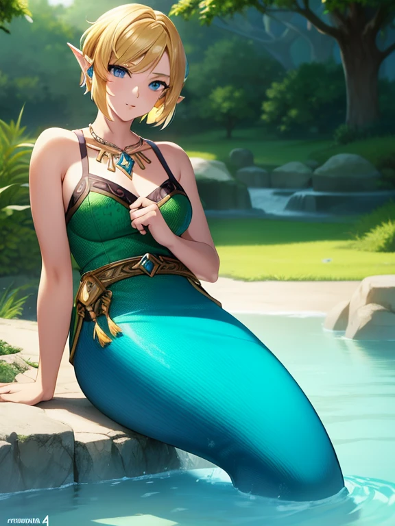 mermaid, blonde hair, short hair, (masterpiece), (incredible detail), 4k, (1boy), best quality, incredible detail, 4k, masterpiece, Link, the legend of zelda,