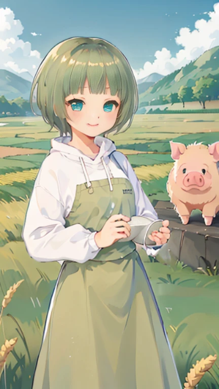 high quality、high resolution、Describe people in detail、Final Fantasy 11 world、Ronfort、Irish Dance、irish music、irish costume、country girl、idyllic scenery、Steppe zone、一面のwheat field、wheat farmer、wheat field、blonde、blonde、hairstyle short mash、turquoise eyes、one girl、short mash hair、pig farm、pig farmの風景