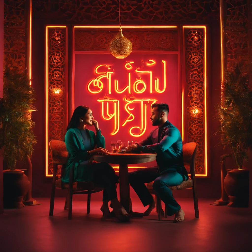 A husband and wife from Asia sit on chairs, Muslims, there are neon lights in the form of the words "Selamat Idul Fitri" on the wall. studio background with Ramadan themed ornaments