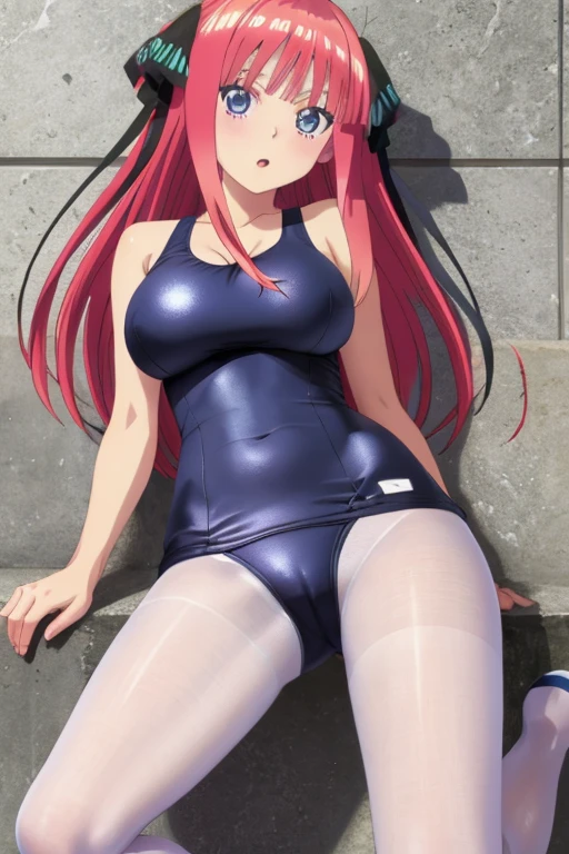 best quality, ultra-detailed masterpiece, anime art style, cute characters, nino nakano, one-piece swimsuit, large breasts, pantyhose, open legs, back