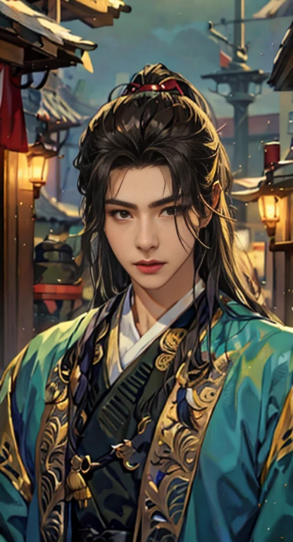 warrior,long black hair,Hanfu,overcoat,Handsome appearance,extremely realistic:1.2