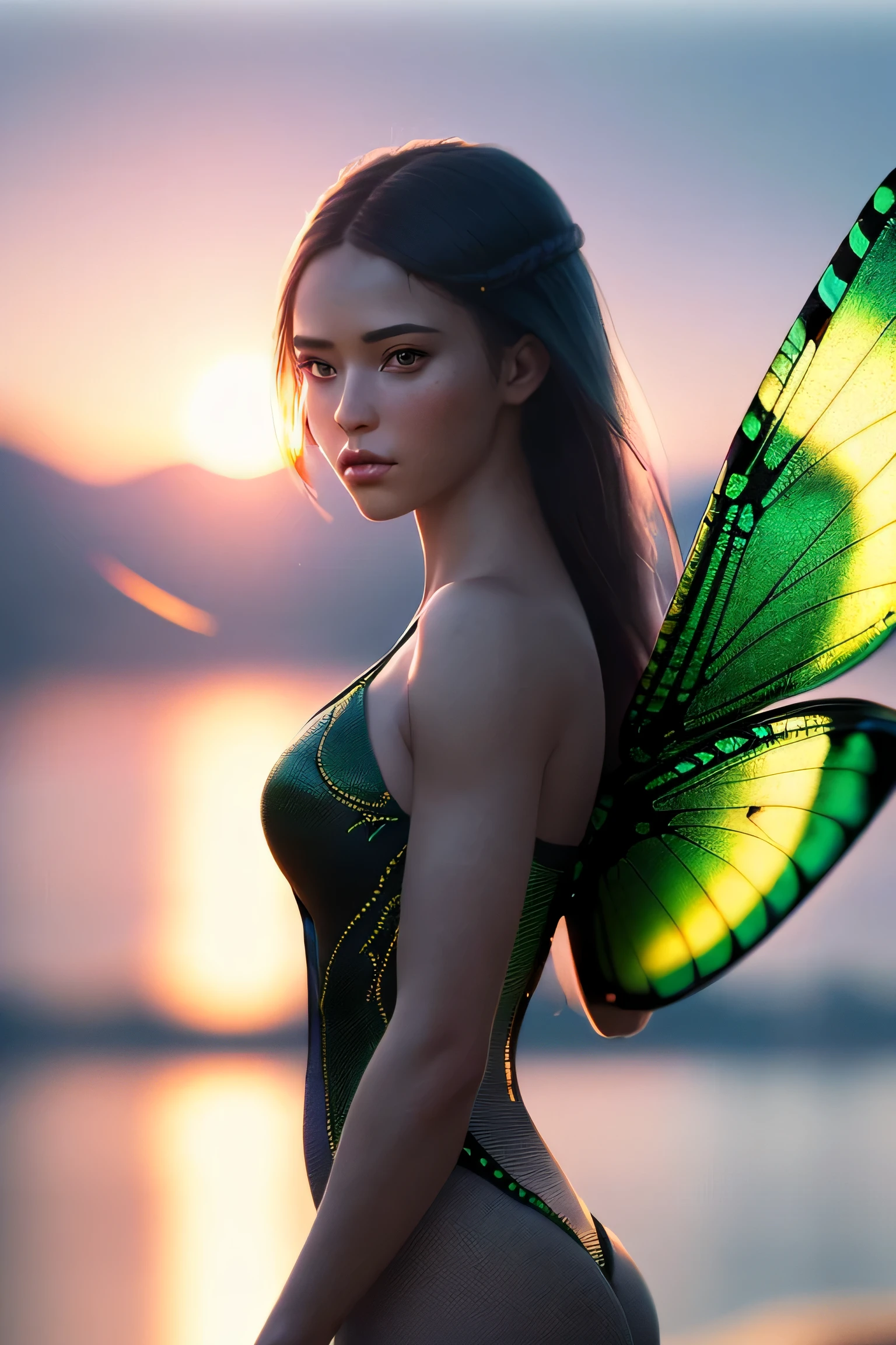 (masterpiece), (very complicated:1.3), (realistic), girl portrait, the most beautiful in the world, (dragonfly-like wings), scale powder reflection, outdoor, intense sunlight, distant shore, Stunning female professional photo details, sharp focus, dramatic, Award history, cinematic lighting, Octane Rendering Unreal Engine, volumetrics dtx, (film grain, blurred background, blurred foreground, Bokeh, Depth of the bounds written, sunset, motion blur:1.3), thin clothing