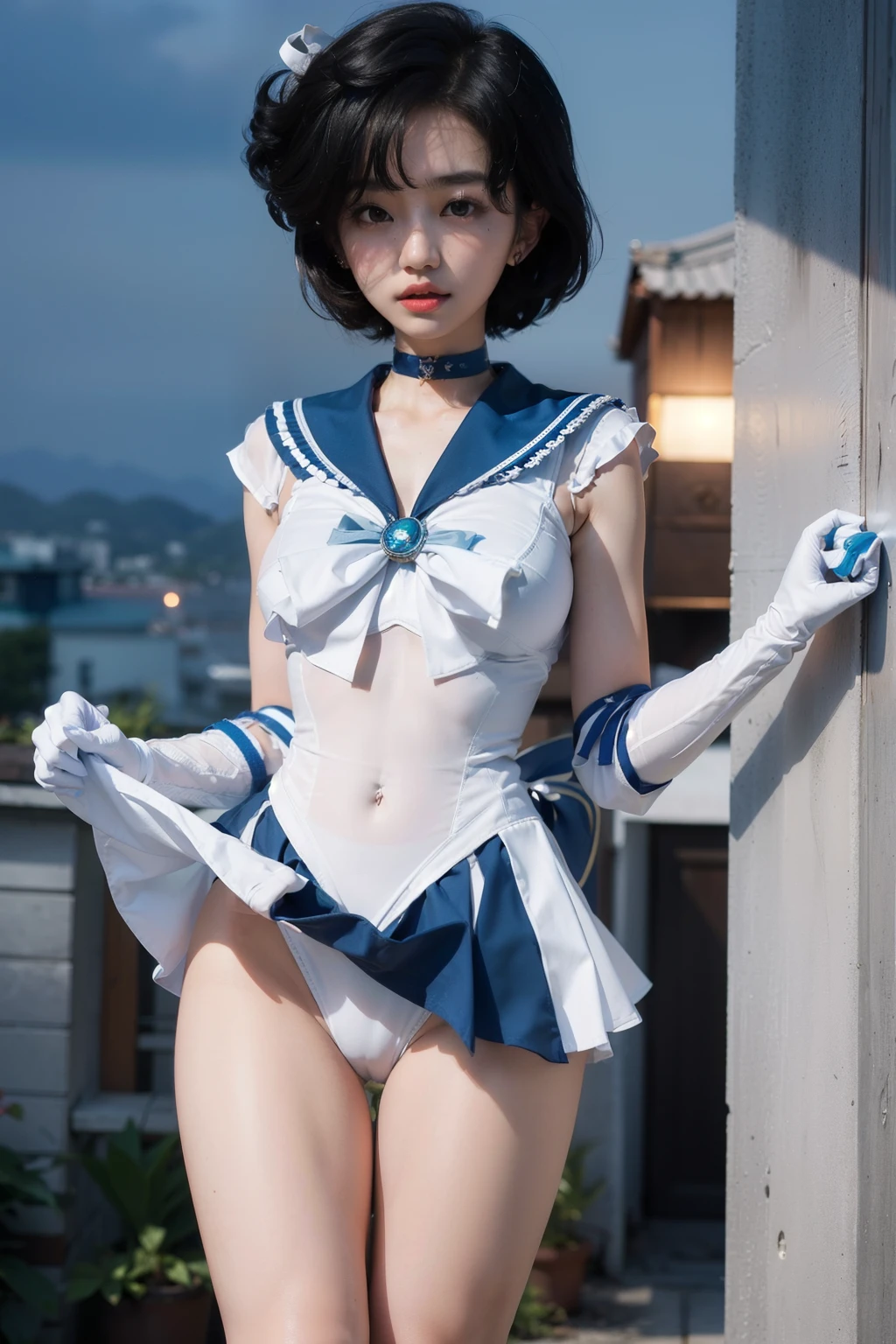 arafed asian woman in a tight white sailor suit and tiny blue skirt posing for a photo, very sexy pose, elegant seducing pose, sexy look, sultry body, ((tiny blue miniskirt)), ((huge breasts|white sailor suit)), ((blue bow)), ((long blue boots)), ((long white gloves)), ((blue choker)), ((tiara)), ((long slender legs)), 2 4 female model, beautiful alluring teen, model with attractive body, sexy body, gorgeous young korean woman, beautiful feminine body, gorgeous young model, young sensual graceful, gorgeous chinese model, ((curly bangs)), ((very dark short hair)), ((black hair in a rough shag)), wavy hair, (masterpiece:1.3), high resolution, ((sailor mercury))