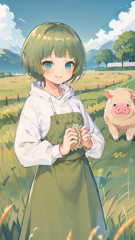 high quality、high resolution、Describe people in detail、Final Fantasy 11 world、Ronfort、Irish Dance、irish music、irish costume、country girl、idyllic scenery、Steppe zone、一面のwheat field、wheat farmer、wheat field、blonde、blonde、hairstyle short mash、turquoise eyes、one girl、short mash hair、pig farm、pig farmの風景