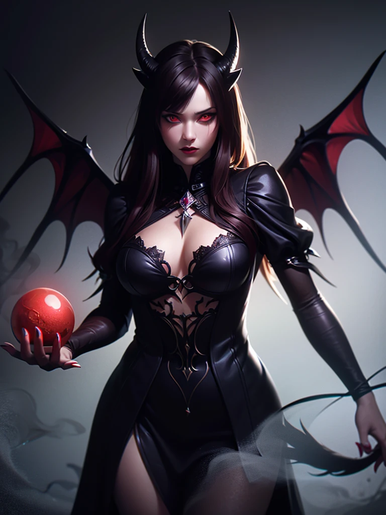 (best quality,4k,8k,highres,masterpiece:1.2),ultra-detailed,(realistic,photorealistic,photo-realistic:1.37),beautiful demon girl,red eyes,sharp claws,long flowing dark hair,gothic theme,elegant pose,dark wings,black dress,holding a crystal ball,ethereal smoke,misty atmosphere,dark forest background,faint moonlight,subtle glowing aura,fierce expression,subtle horns and tail,vivid colors,dramatic lighting