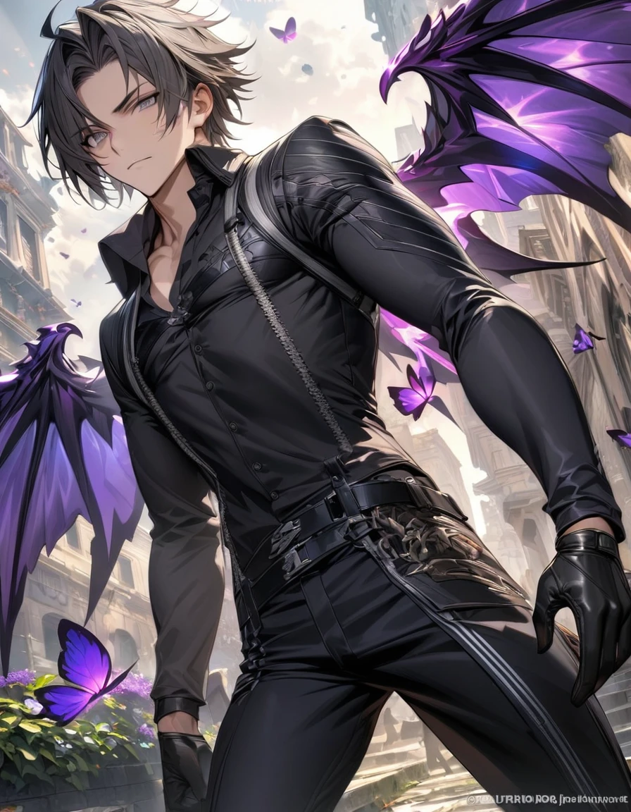 (absurdres, highres, ultra detailed, HDR), master piece, best quality, vibrant small grey eyes, 1man, handsome, Hugo Pennywort, God Eater 3, black hair with grey highlights, no bangs, black jacket, tight black T-shirt, black fitting pants, black gloves, purple butterflies, purple flames