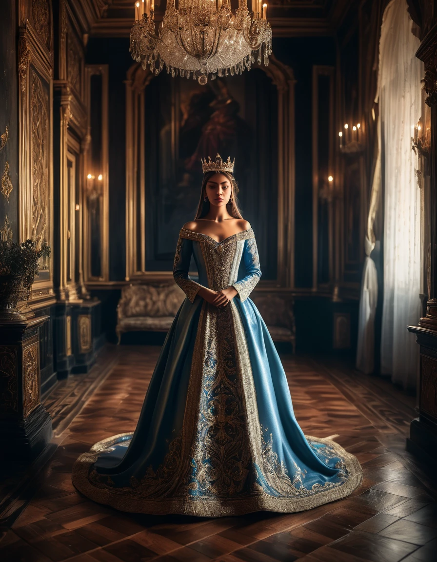 A mystery environment, with dimly lit candles flickering against the walls, casting eerie shadows across the floor. In the center of the room standed a female figure dressed in a regal dress and a majestic crown eminating a royal aura and graceness, soft focus, depth of field, 8k photo, HDR, professional lighting, taken with Canon EOS R5, 75mm lens