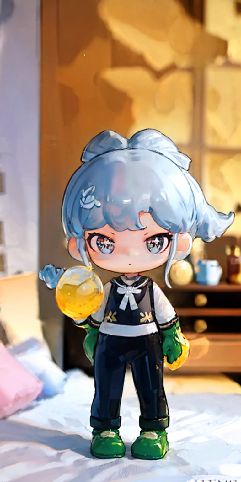 (((1 girl)),ray tracing,(dim lighting),[detailed background (bedroom)),((silver hair)),((silver hair)),(fluffy silver hair, plump slender girl)) with high ponytail)))) Avoid blonde eyes in the ominous bedroom (((girl wears intricately embroidered black high-waisted pants with pantyhose) and white ruffled bow gloves), showing a delicate slender figure and graceful curves, correct limbs, lying on the bed