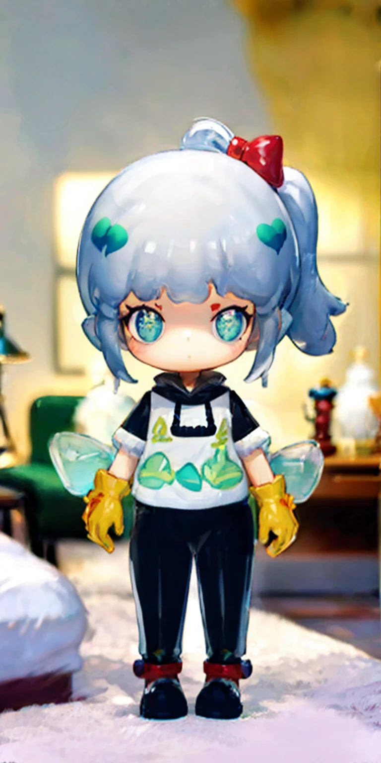 (((1 girl)),ray tracing,(dim lighting),[detailed background (bedroom)),((silver hair)),((silver hair)),(fluffy silver hair, plump slender girl)) with high ponytail)))) Avoid blonde eyes in the ominous bedroom (((girl wears intricately embroidered black high-waisted pants with pantyhose) and white ruffled bow gloves), showing a delicate slender figure and graceful curves, correct limbs, lying on the bed