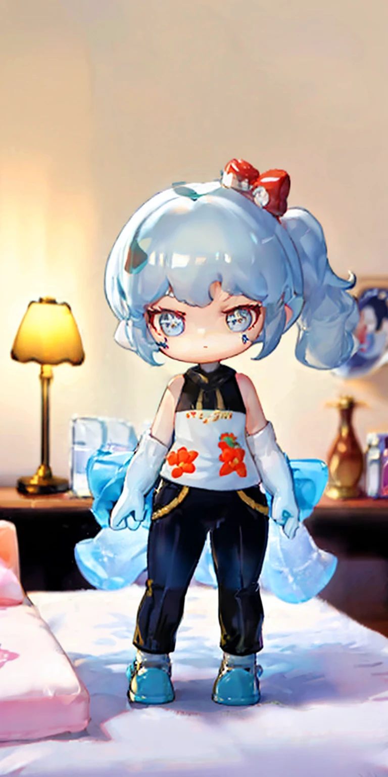 (((1 girl)),ray tracing,(dim lighting),[detailed background (bedroom)),((silver hair)),((silver hair)),(fluffy silver hair, plump slender girl)) with high ponytail)))) Avoid blonde eyes in the ominous bedroom (((girl wears intricately embroidered black high-waisted pants with pantyhose) and white ruffled bow gloves), showing a delicate slender figure and graceful curves, correct limbs, lying on the bed