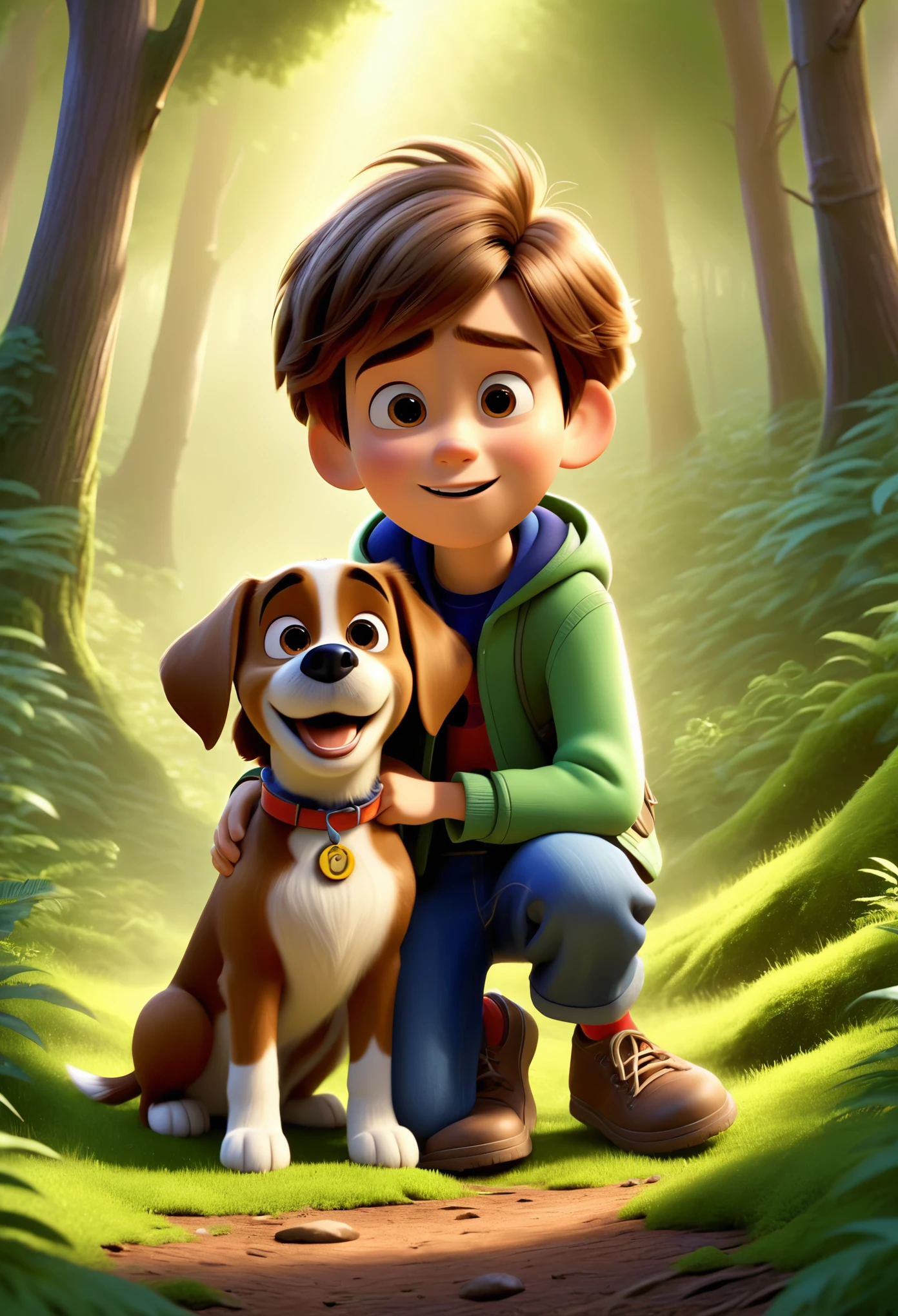 Disney pixar boy with brown hair with a dog in the forest.