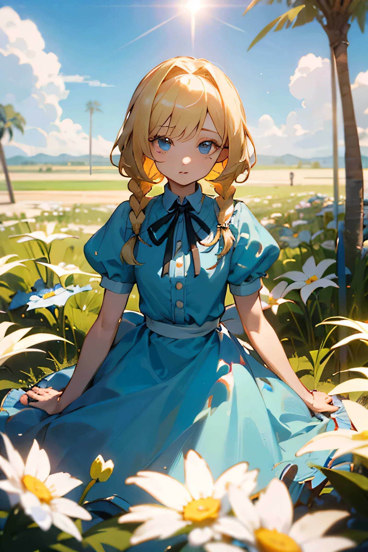 best quality, masterpiece,ultra high res,detailed,one girl,slim body,short body,two braids.round face,blonde hair,round eyes,light blue eyes,Clothes like Alice from Alice in Wonderland,Black ribbon at neck,flower kanzash,oasis,magnificent view,lens flare,natural lighting