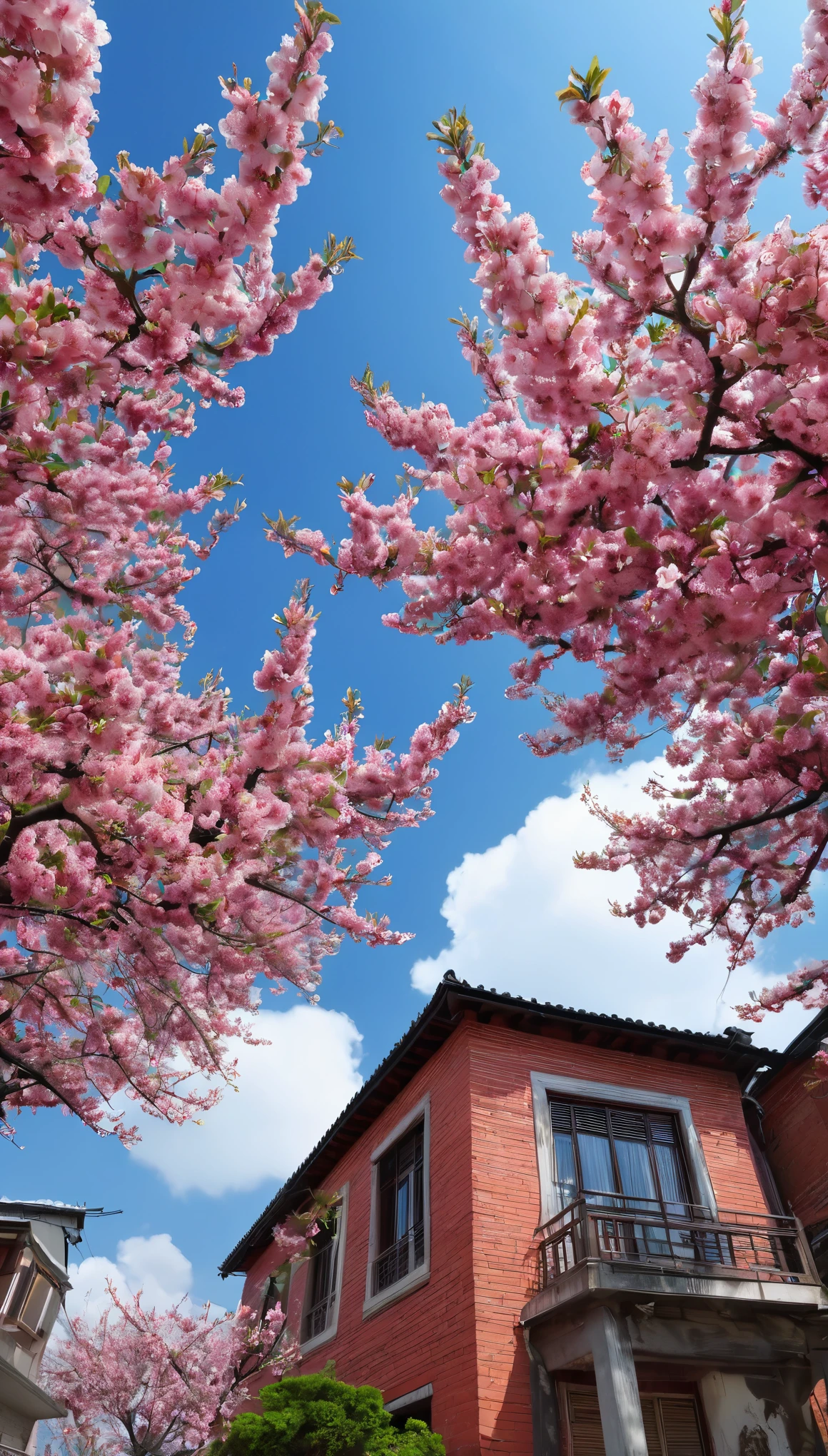 spring，good weather，(Blue sky and white clouds)，Looking up，A red brick residential building can be seen through a peach tree，House，[Pink peach blossom close-up]，They are on the same side of the screen，Looking up的消失点在天空，Highly detailed real photos，high details, high quality, super detail, UHD, masterpiece, ccurate, best quality, 16k