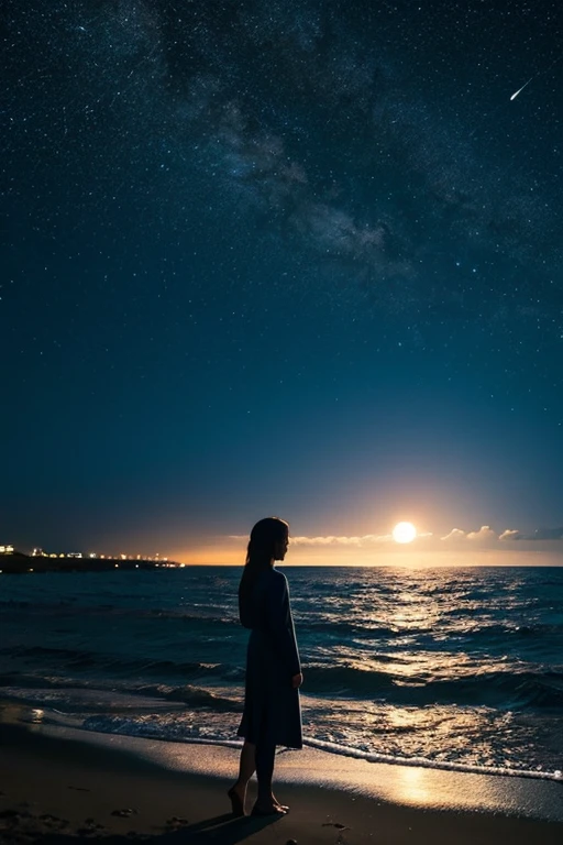 A beautiful starry night and a shining moon moving over the sea、A woman standing there