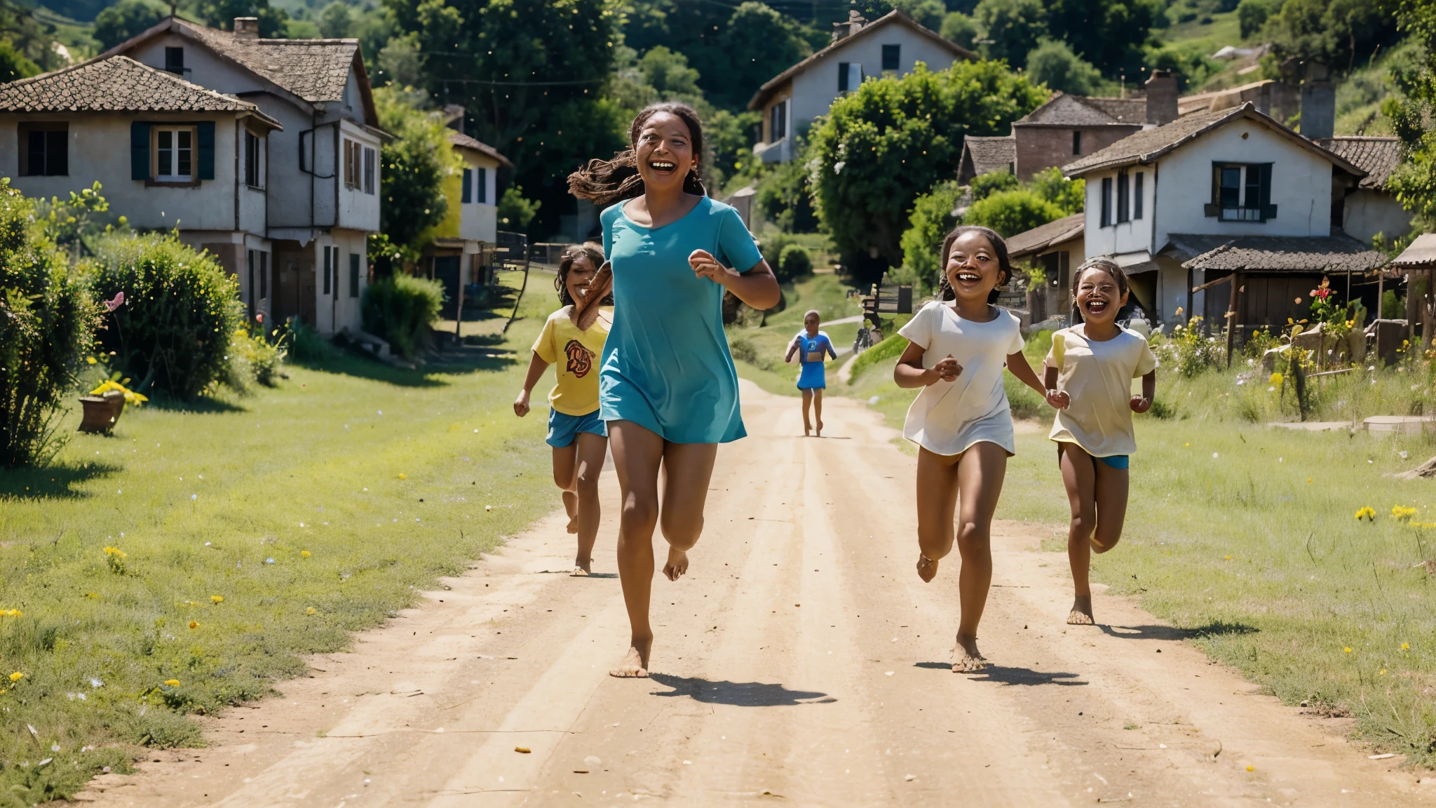 italy. Create a highly realistic scene of a 13 year old Italian girl surrounded by younger children as they enter a water sports center on a sunny day. The group heads towards the entrance, full of excitement and anticipation.

 The 13-year-old girl stands at the head of the group, leading them with a cheerful and cheerful attitude. She has shoulder-length brown hair tied in a ponytail and is wearing a bright t-shirt and athletic shorts. Her eyes are wide with excitement as she points to the entrance, encouraging the children to follow her.
 The children, aged between 5 and 10, are a mix of boys and girls, all dressed in colorful swimsuits. Their outfits vary in hue, creating a vibrant and dynamic color palette. The children laugh, chat and some enthusiastically point towards the impressive water slides visible in the distance.

The backdrop shows the lively entrance to the water sports centre, with tall, twisting water slides, splash pads and play areas. The entrance is lively, with other visitors and families making their way into the park, adding to the sense of excitement. Banners and signs welcoming guests to the water park help create a festive atmosphere. Bright sunlight illuminates the scene, casting shadows and highlighting the vibrant colors of their clothing and the features of the park.

The scene captures the joyous moment of arrival, with the girl at the forefront leading her group on the adventure, while the younger children express joy and anticipation for the fun that awaits them.