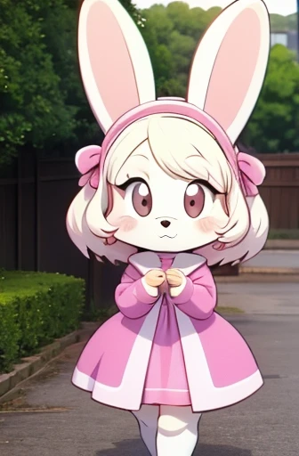 Cute kawaii niña bunny furry girl brown eyed Full body with a very cute vestido pink 