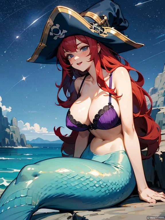 anime pirate mermaid, red hair, long hair, large breasts, sit on rock, night, sky full of stars, purple bra, hat pirate, black hat, 