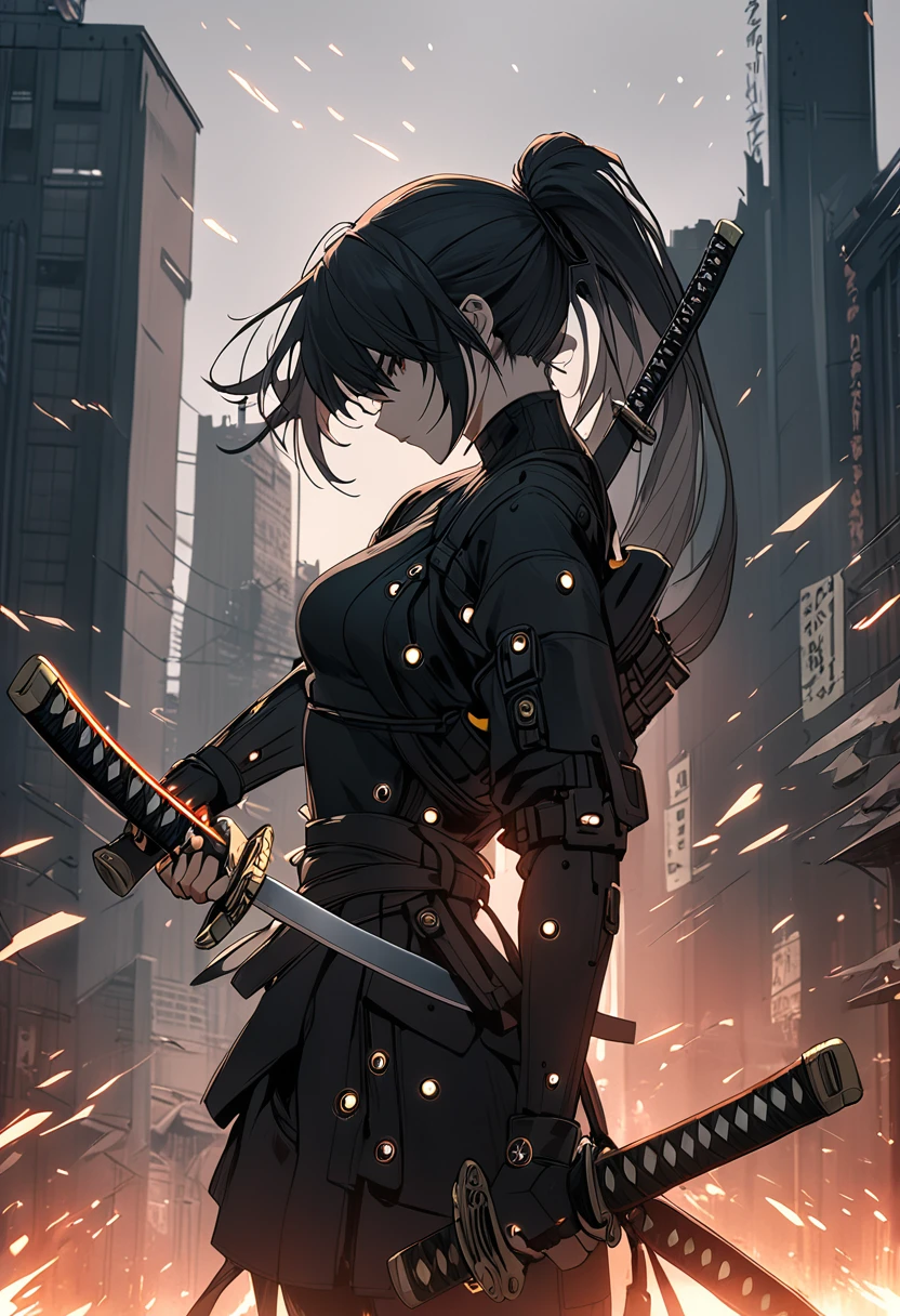 a woman in a black dress holding two swords in front of a tall building, katana zero video game character, nier automata concept art, very beautiful cyberpunk samurai, nier automata concept artsyle, dramatic wielding katana pose, from arknights, nier:automata inspired, nier : automata inspired, katanas strapped to her back, nier 2 b