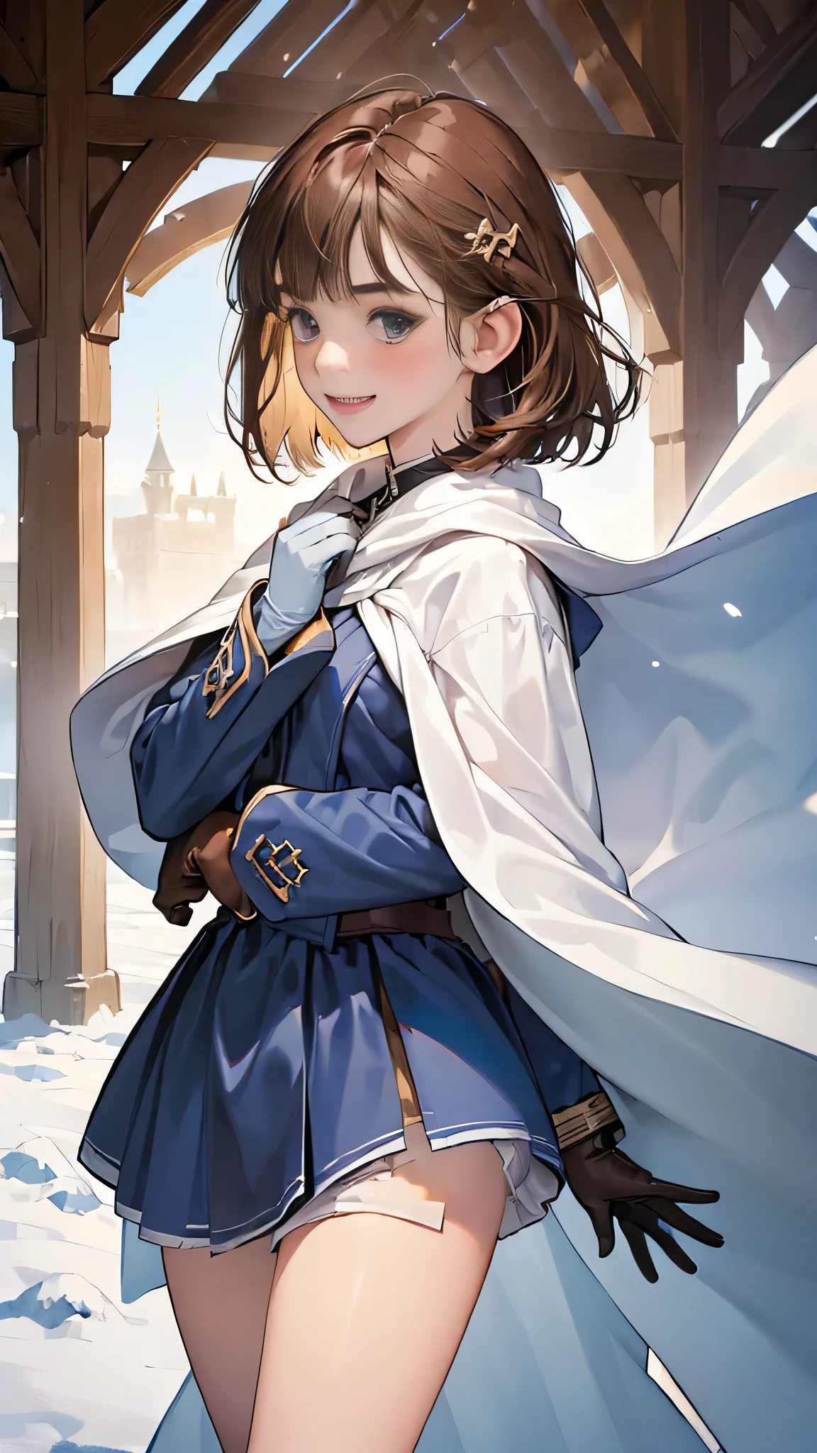 (((((girl))))), masterpiece, ultra detailed, 8K Portrait, Raw photo, woman's portrait photography, full body, Highly detailed face, mischievous childish smile, blush, ((Fantasy)), (((hobbit))), ((Adult)), 45 years old, 110cm, (((ALCHEMIST))), ((tanned skin)), (((olive brown short bob hair))), (((blunt bangs))), hair ornament, (((white silk long cloak))) Fluttering in the wind, (high school dark blue uniform:1.5), long skirt, leather gloves, Midday sun, Hyper realistic, Slender body, by the snowy castle, Ambient lighting, Shadow details, Camera focus on face, strong breeze, Light fog