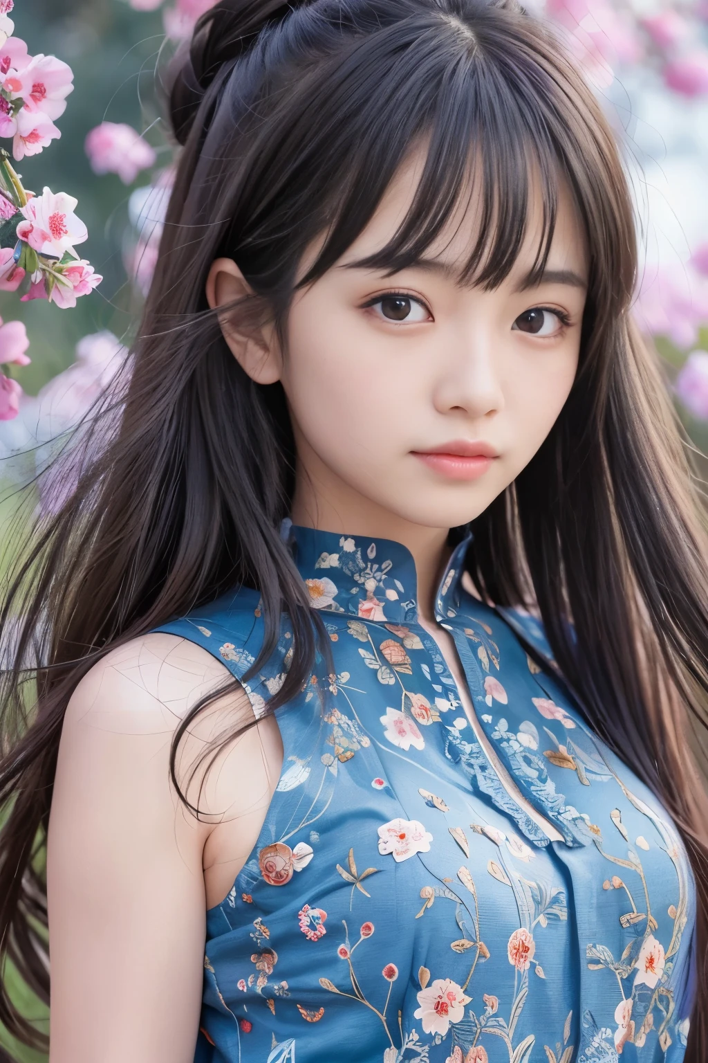 (8k、highest quality、master piece:1.2)、(real、photorealistic:1.37)、Super detailed、1 girl、cute、solo、beautiful detailed sky、date、(blush)、(smile:1.15)、(closed mouth)small breasts、beautiful detailed eyes、(long hair: 1.2)、Floating hair Nova Frog style、Upper body、Tank top