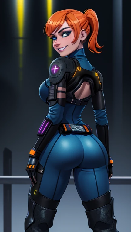 1girl, Sexy Experienced Cyberpunk Agent, short orange hair, pony tail style, blue eyes, (Wearing: futuristic black tight jumpsuit, utility belt, boots), light skin, natural makeup, athletic body, (Seductive grin on face), (looking from behind), (back shot), (ass focus),full-length, super face detail, Very detailed, 8k, game color correction, (HDR, UHD, k, best quality, RAW photo, best quality, masterpiece: 1.5), UHD, hd, k, hyperrealism, full-body detail, high detailed, digital painting, trending on artstation, HD quality
