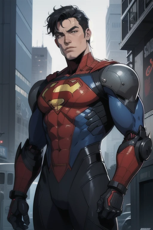 Superman and spiderman in cyberpunk style, robotic armored, (realistic),
